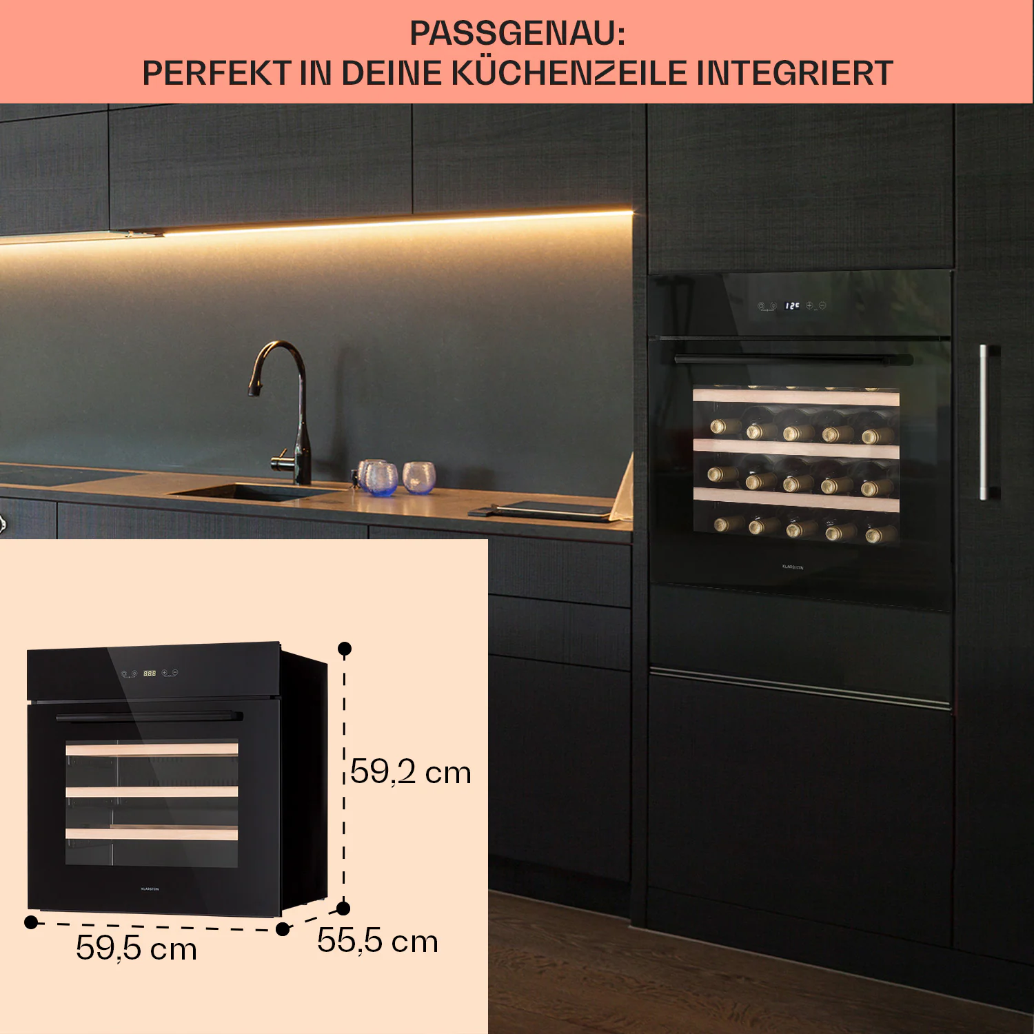 Vinsider 30 Built-In Uno Einbau-Weinkühlschrank 30 Flaschen 77 Ltr Edelstahl Schwarz 30 Flaschen 1 Kühlzone