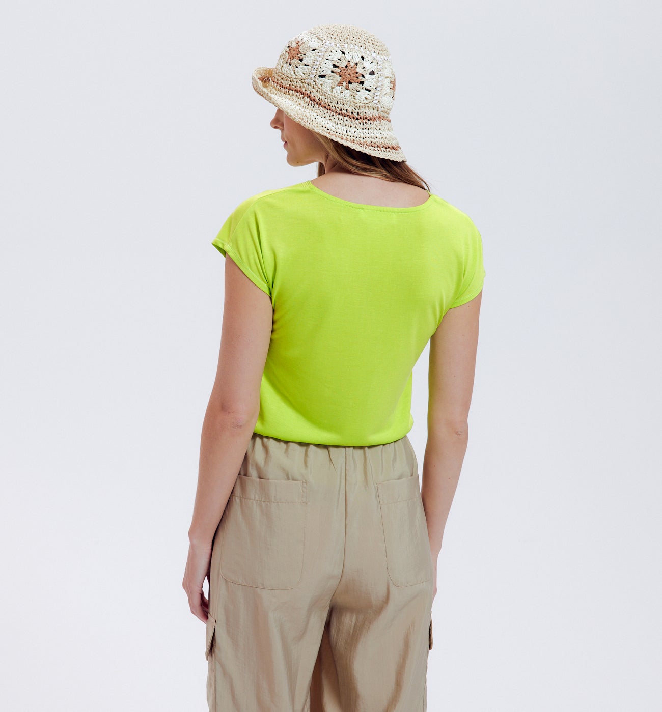 T-shirt col V détail irisé - Vert fluo