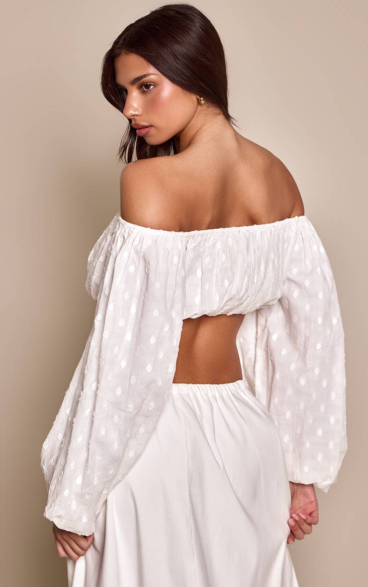 Blanc Haut Bandeau À Manches Bouffantes En Coton Gaufré À Pois