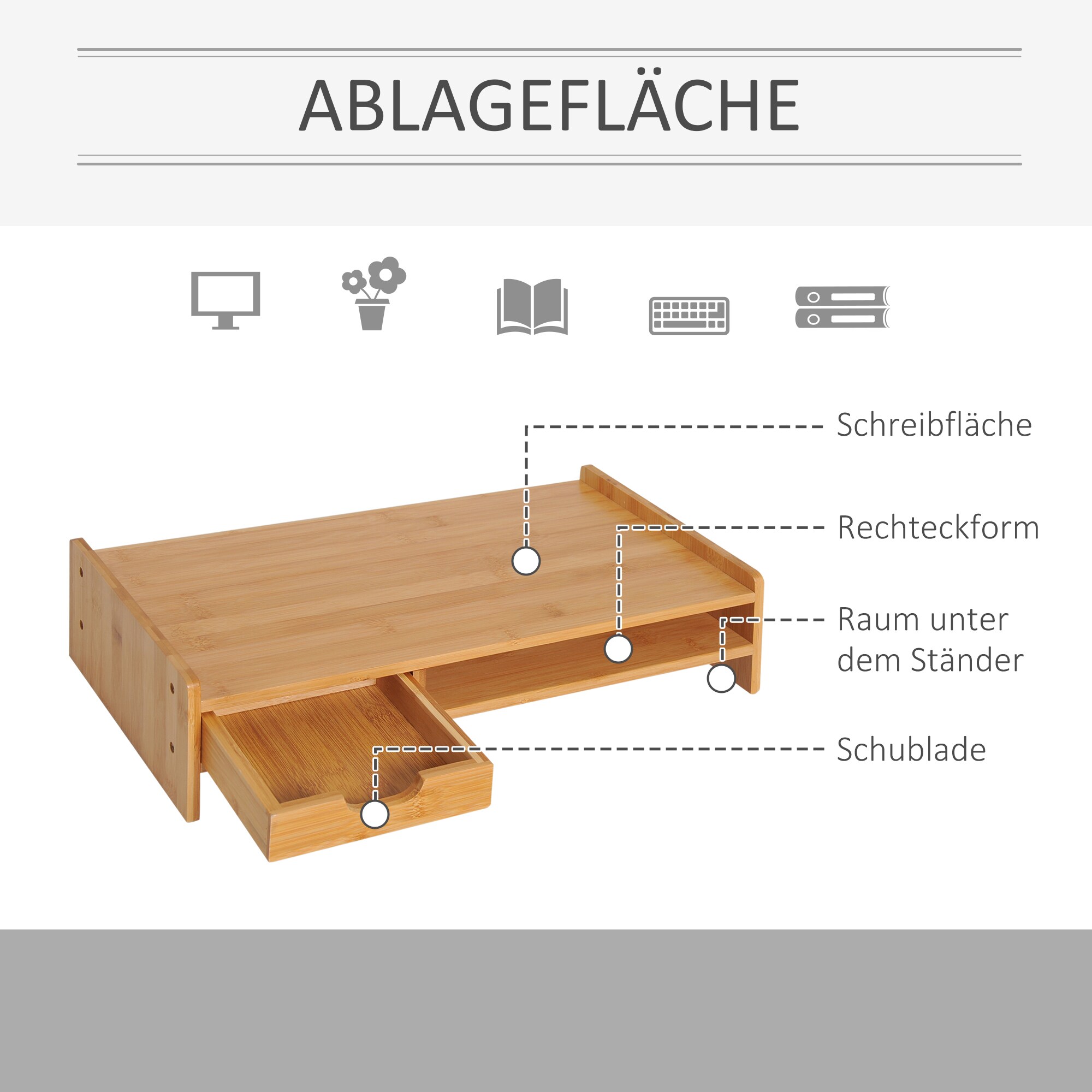 HOMCOM Monitorständer mit Schublade natur 49 x 25,5 x 11,5 cm (LxBxH)
