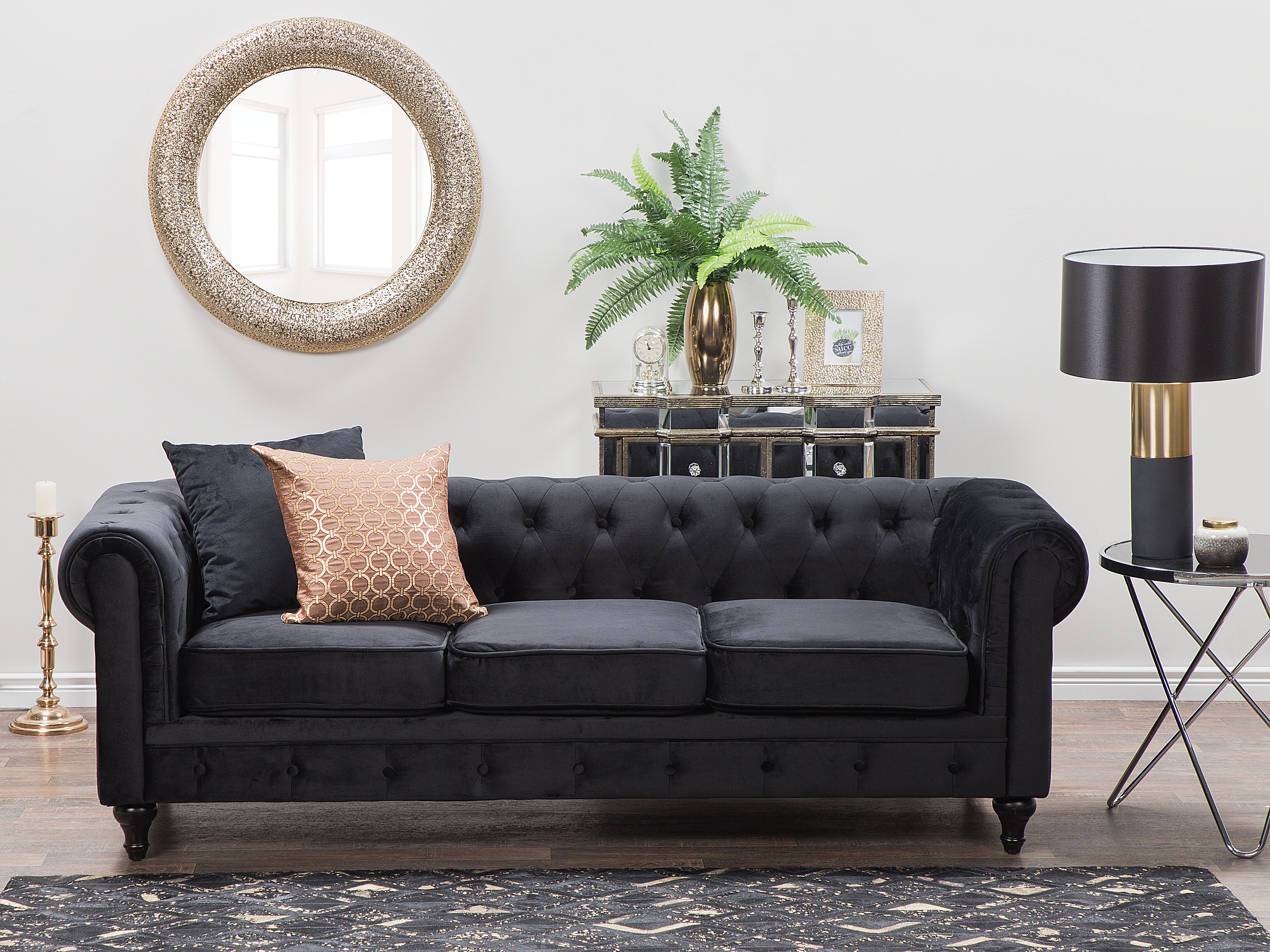 Bank 3-zits CHESTERFIELD Fluweel Zwart