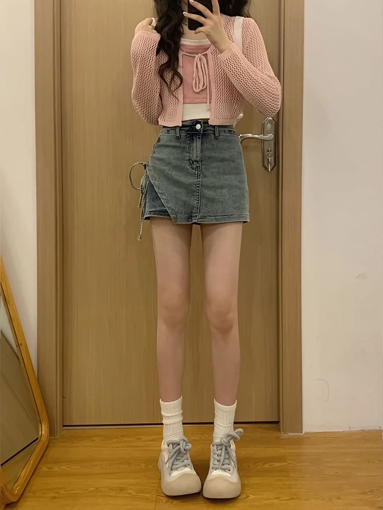 Girliepairs - Hoge taille asymmetrische trekkoord gewassen mini potlood denim skort