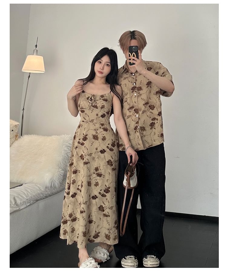 Azure - Koppel bijpassende spaghettibandjes bloemenprint maxi A-lijn jurk / effen bolero / shirt met korte mouwen en kraag