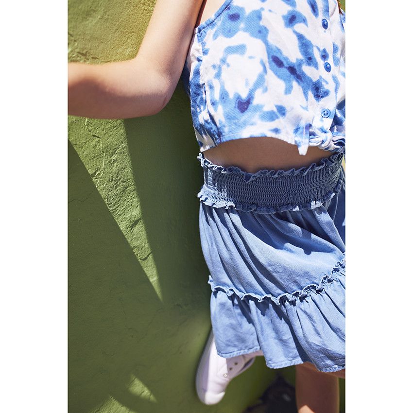 Jupe courte volantée taille smockée pour fille - Bleu