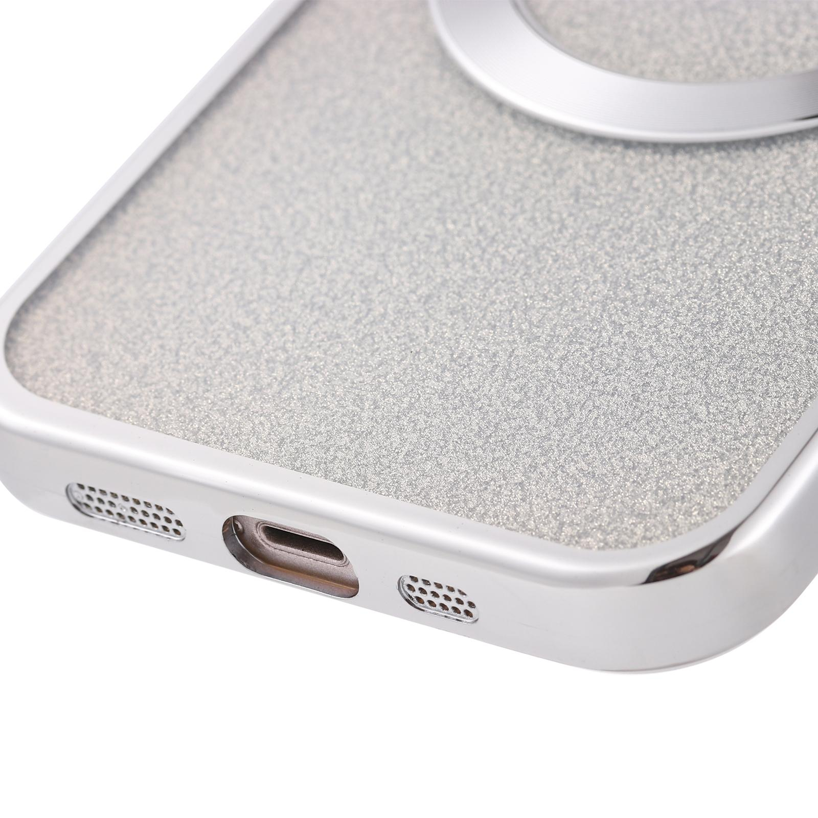 iPhone 14 MagSafe Gummi Case Hülle mit Acryl Kameraglasschutz im Glitzer Design - Silber / Transparent