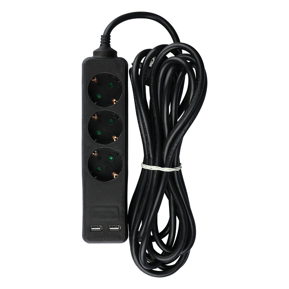 3-voudige stekkerdozen - USB - Zwart - IP20 - 5 m kabel