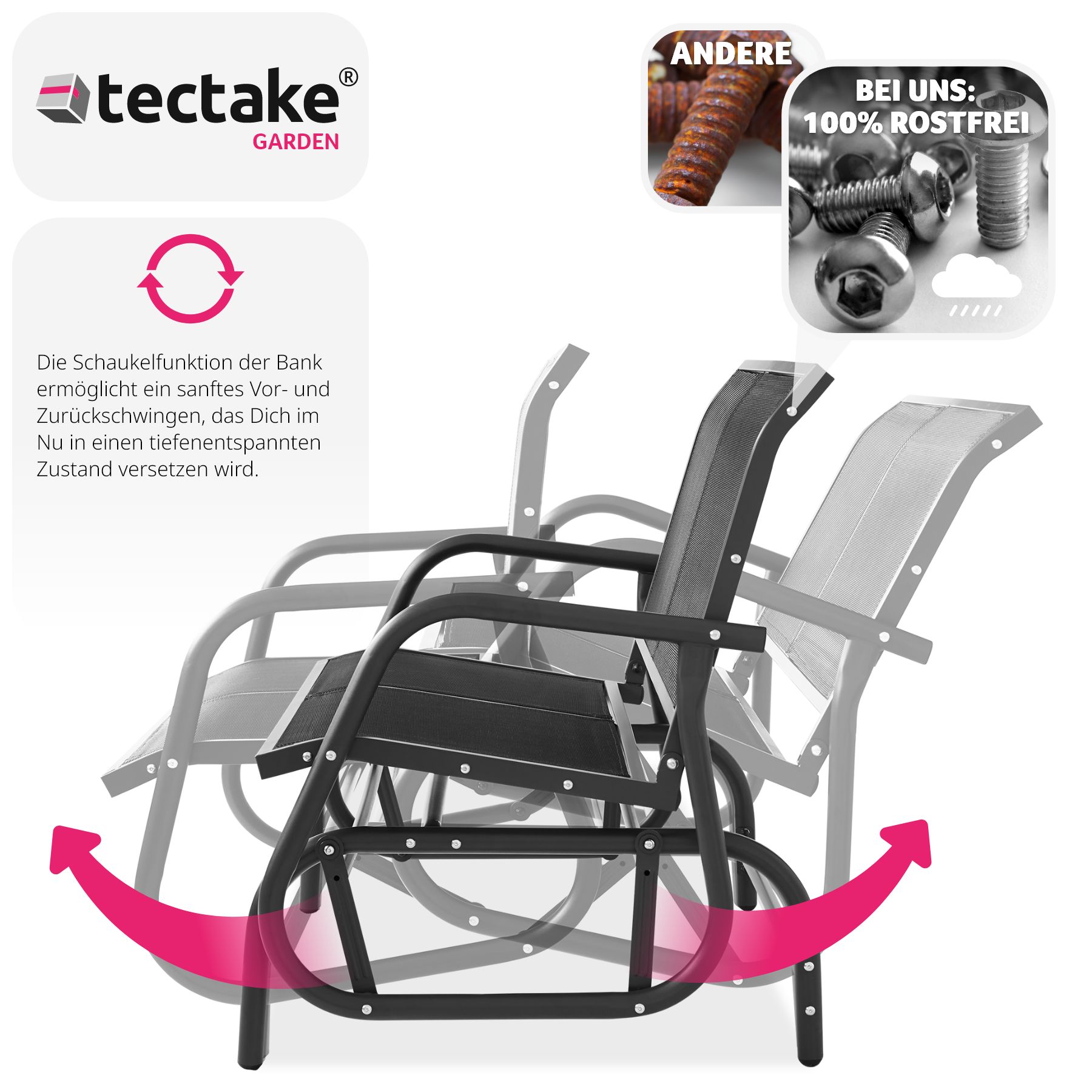 tectake® Schaukelbank, 2-Sitzer, sanfter Schaukelmechanismus, 121 x 72 x 86,5 cm