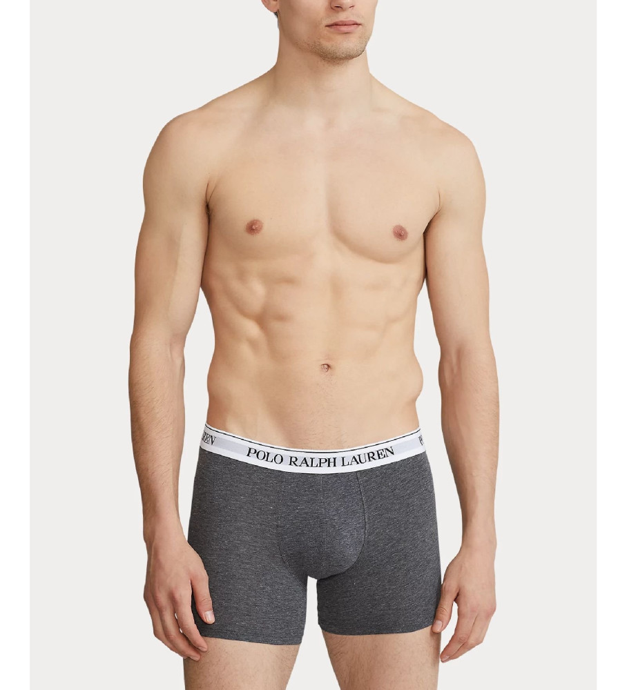 Conjunto com 3 cuecas boxer clássicas Ralph Lauren - pretas, cinzas e brancas.