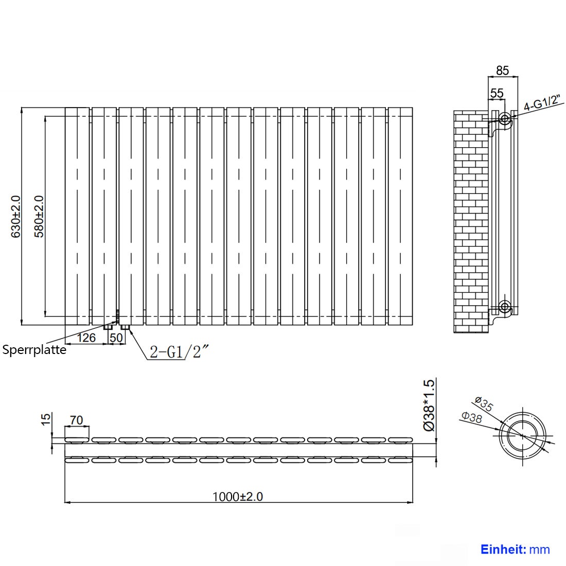 EMKE Flat Radiator, Design Paneelradiator, Horizontaal, Dubbellaags, Zijaansluiting, 63x100cm, 1343W, Wit