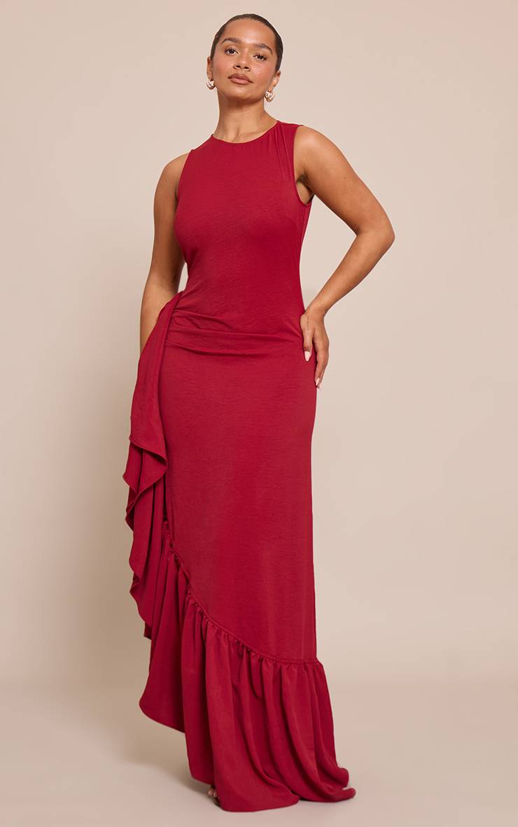 Rouge Robe Maxi Moulante En Tissu Stretch À Encolure Bateau Avec Fente Latérale Et Volant