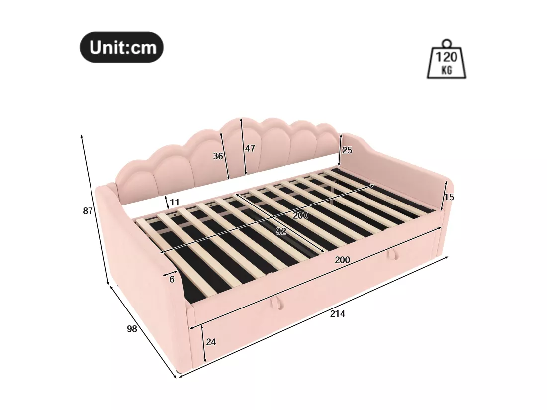 Canapé-lit coffre 90x200cm - Lumière LED changeante de couleur - Velours - rose (sans matelas)