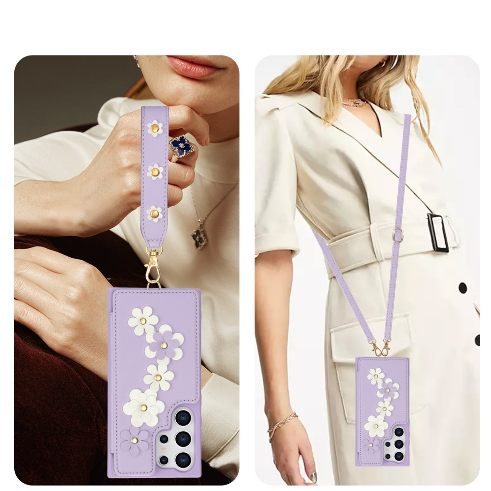 Samsung Galaxy S25 Ultra Necklace Leder Schutz Hülle mit Kartenfächer Blumen   Handykette (140cm) - Lila