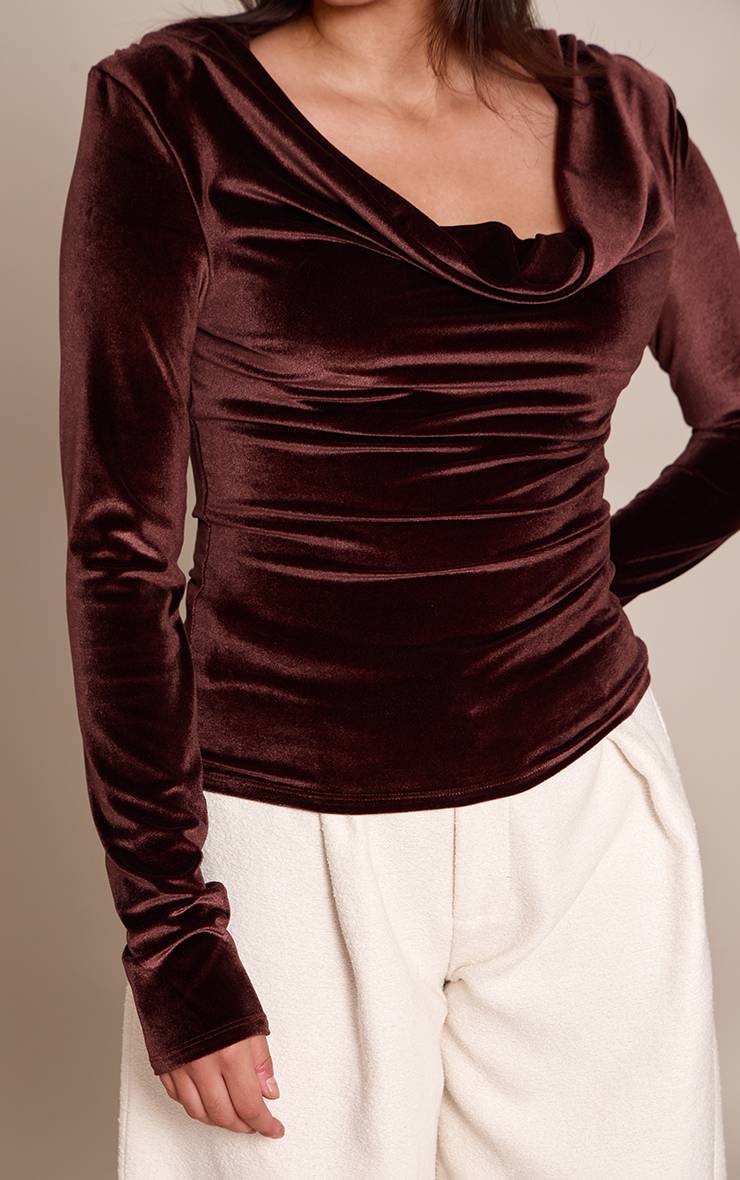 Marron Top En Velours À Manches Longues Et Col Bénitier