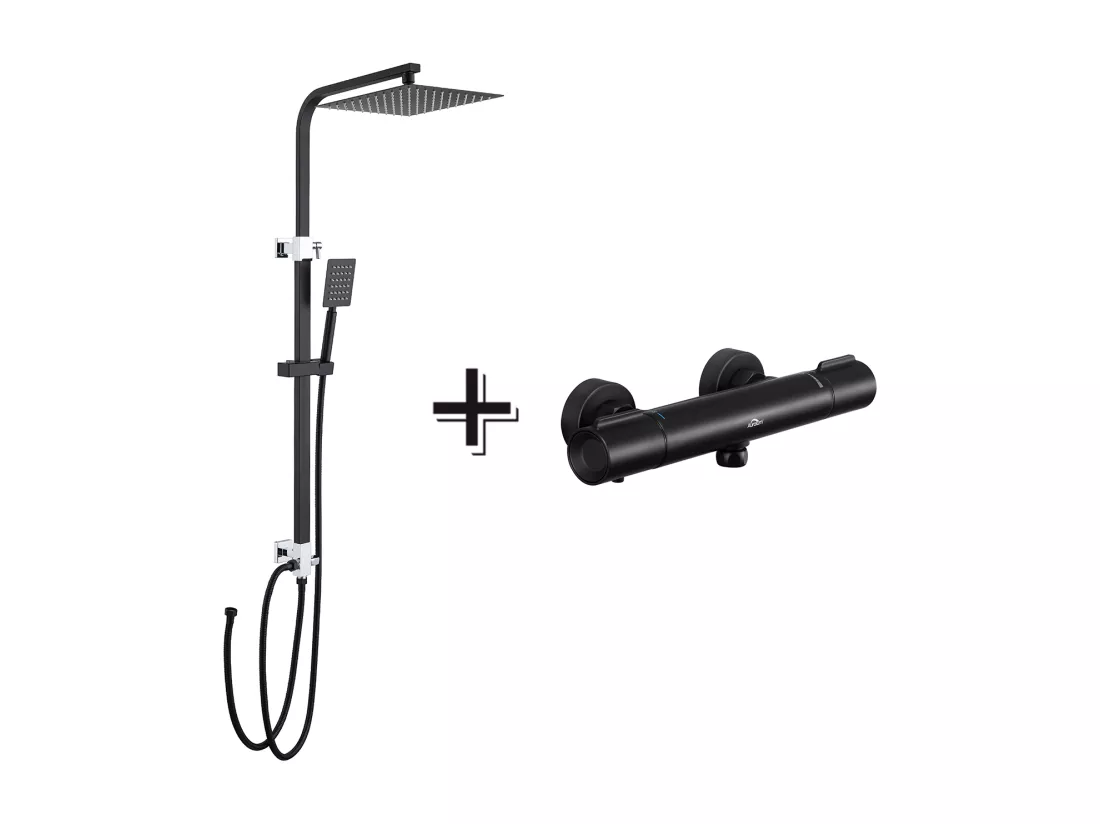 Colonne Douche Sans Mitigeur,Hauteur Réglable 690-1130cm+Mitigeur Thermostatique Douche,Thermostatique Douche avec Bouton Sécurisé à 38°C,Noir