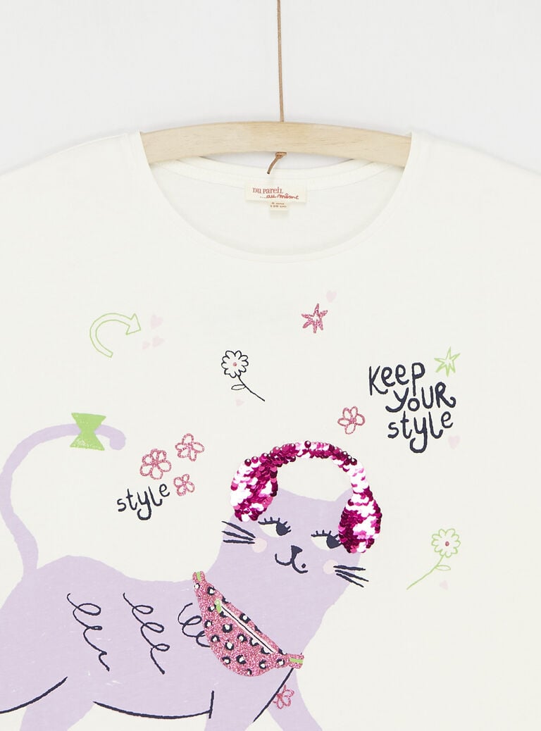 T-shirt écru à animation chat pour fille
