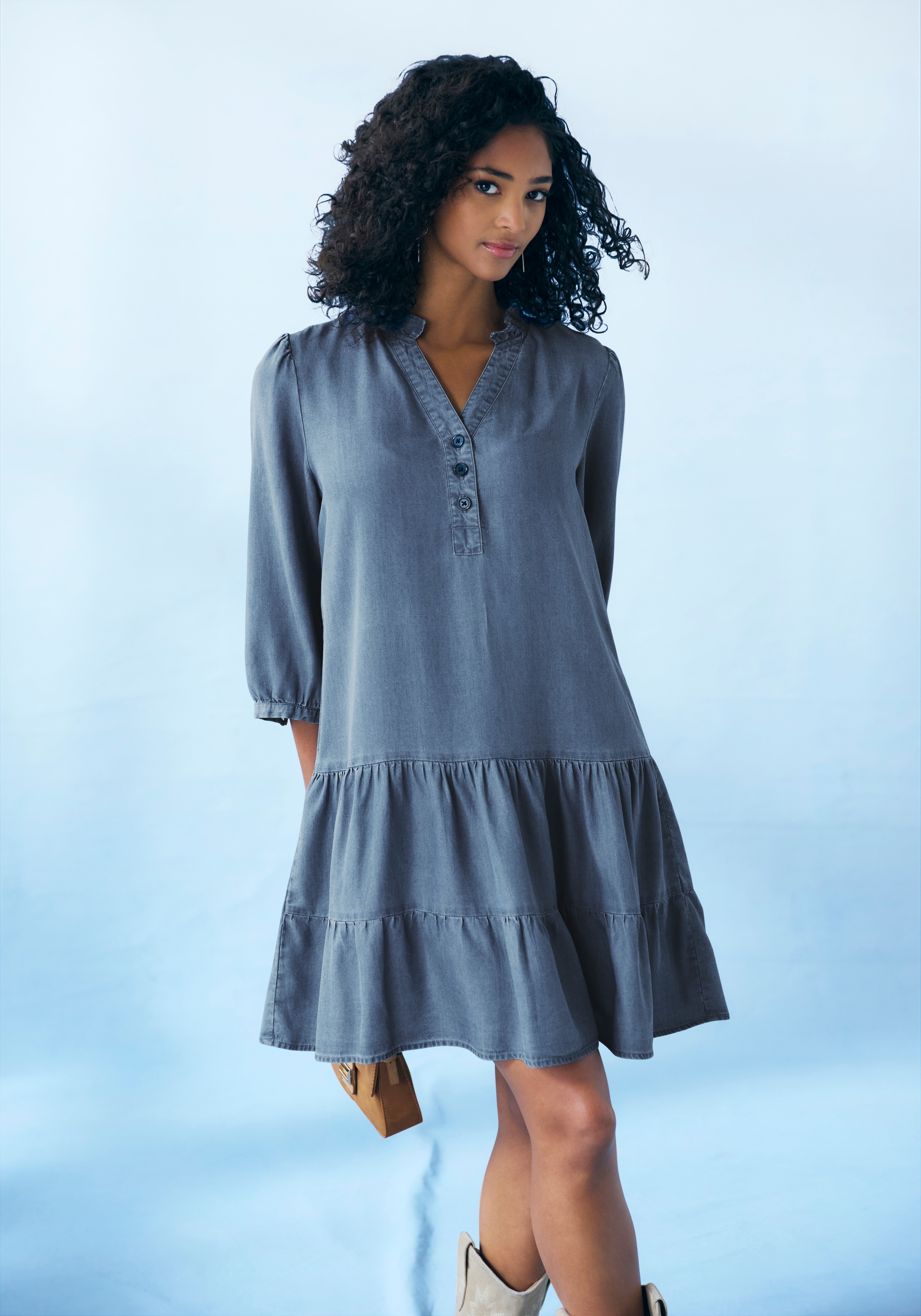 LASCANA Jeanskleid mit Rüsche am Kragen und Knopfleiste, Blusenkleid, Tunikakleid