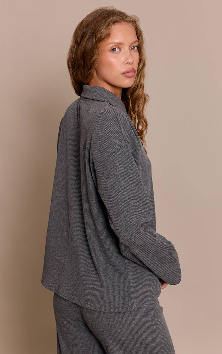 Charcoal Grey Chemise Côtelée Épaisse À Manches Longues Et Col