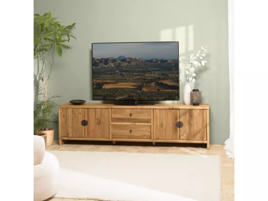 ANDRIAN - Meuble TV 2 tiroirs 4 portes, longueur 240cm bois pin recyclé