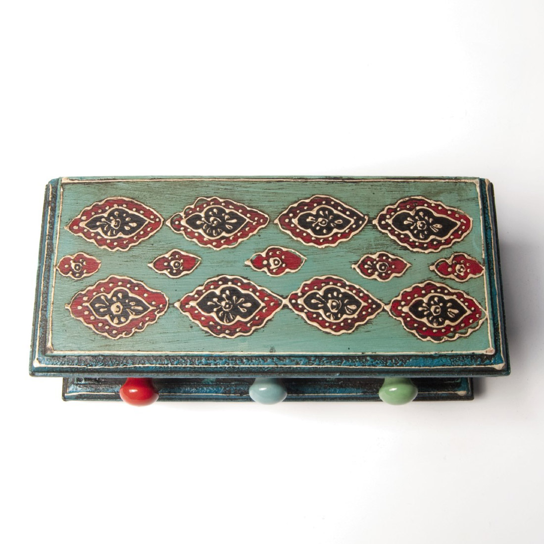 Schubladentruhe mit 3 Schubladen, blau/türkis/weinrot, L 10 cm, B 23,5 cm, H 10 cm von fischer's lagerhaus