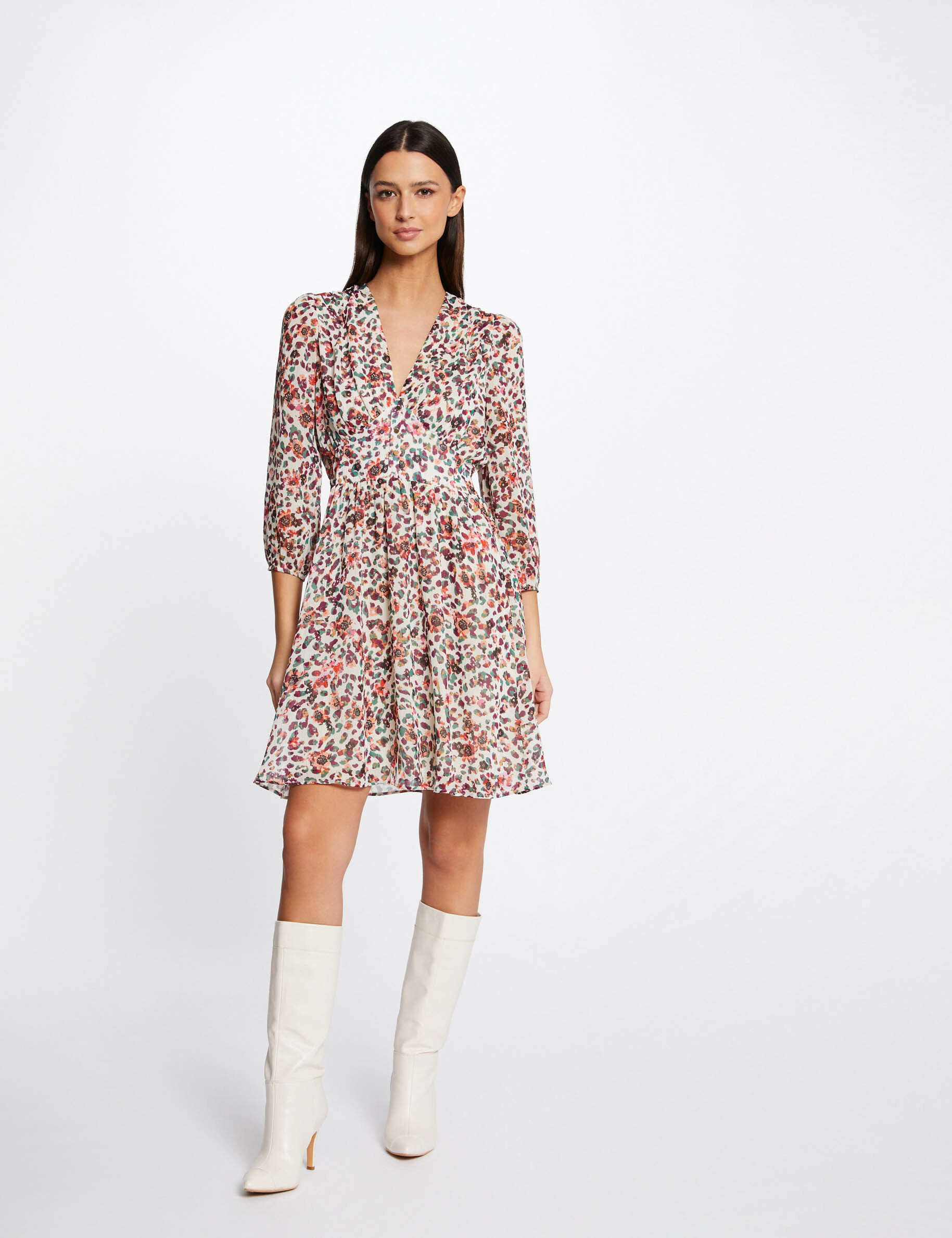 Robe trapèze fluide imprimé floral ecru femme - ecru