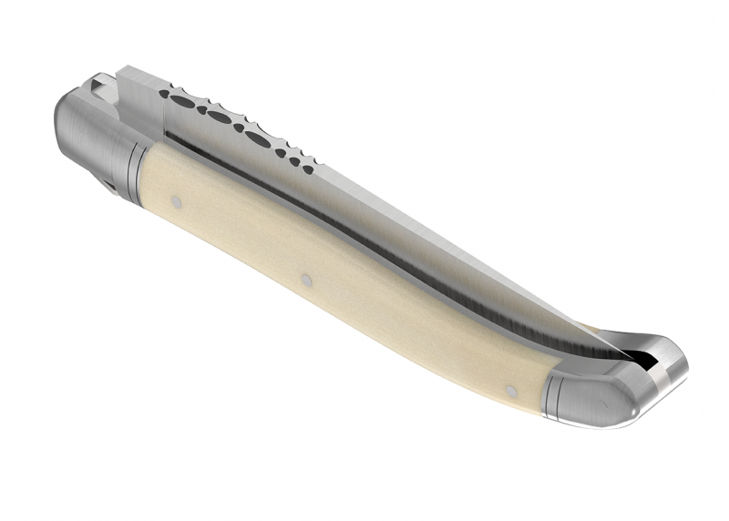 Couteau Laguiole avec un manche en ivoire de mammouth et 2 mitres en acier inoxydable