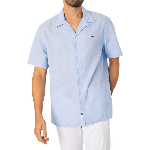 Tommy Jeans - Camisa Camp De Manga Corta En Mezcla De Lino Azul