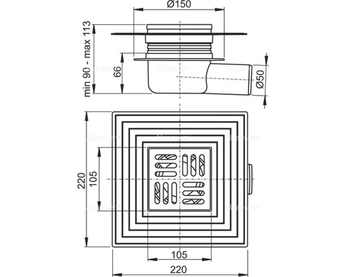 Alcadrain vloerafvoer 105 mm x 105 mm met horizontale uitloop DN 50 mm, RVS rooster, mof-2. Afdichting, stankafsluiter met klep.