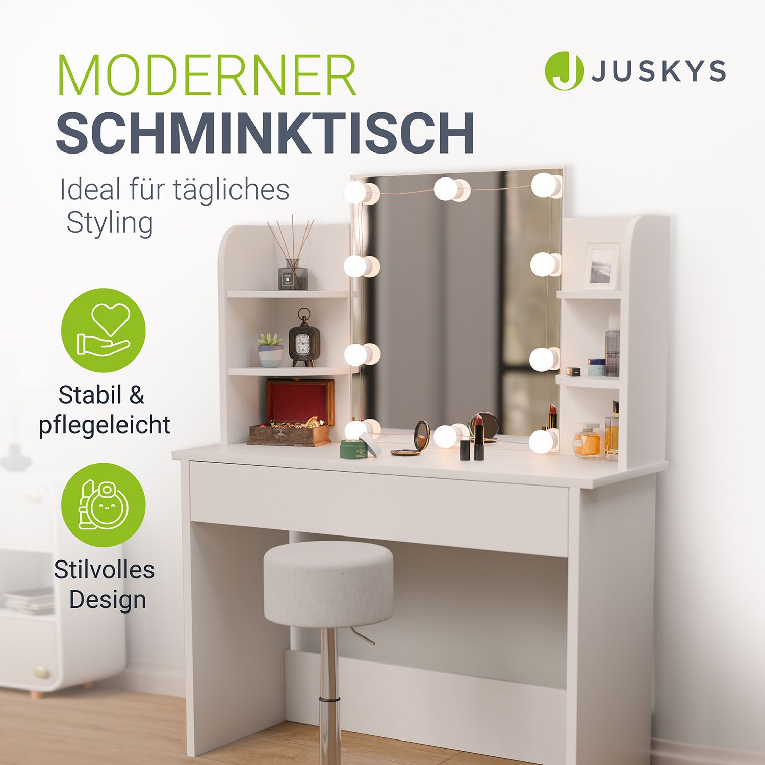 Juskys Schminktisch Bella 108 x 40 x 140 cm in Weiß mit Spiegel, LED, Schublade & 4 Ablagefächern
