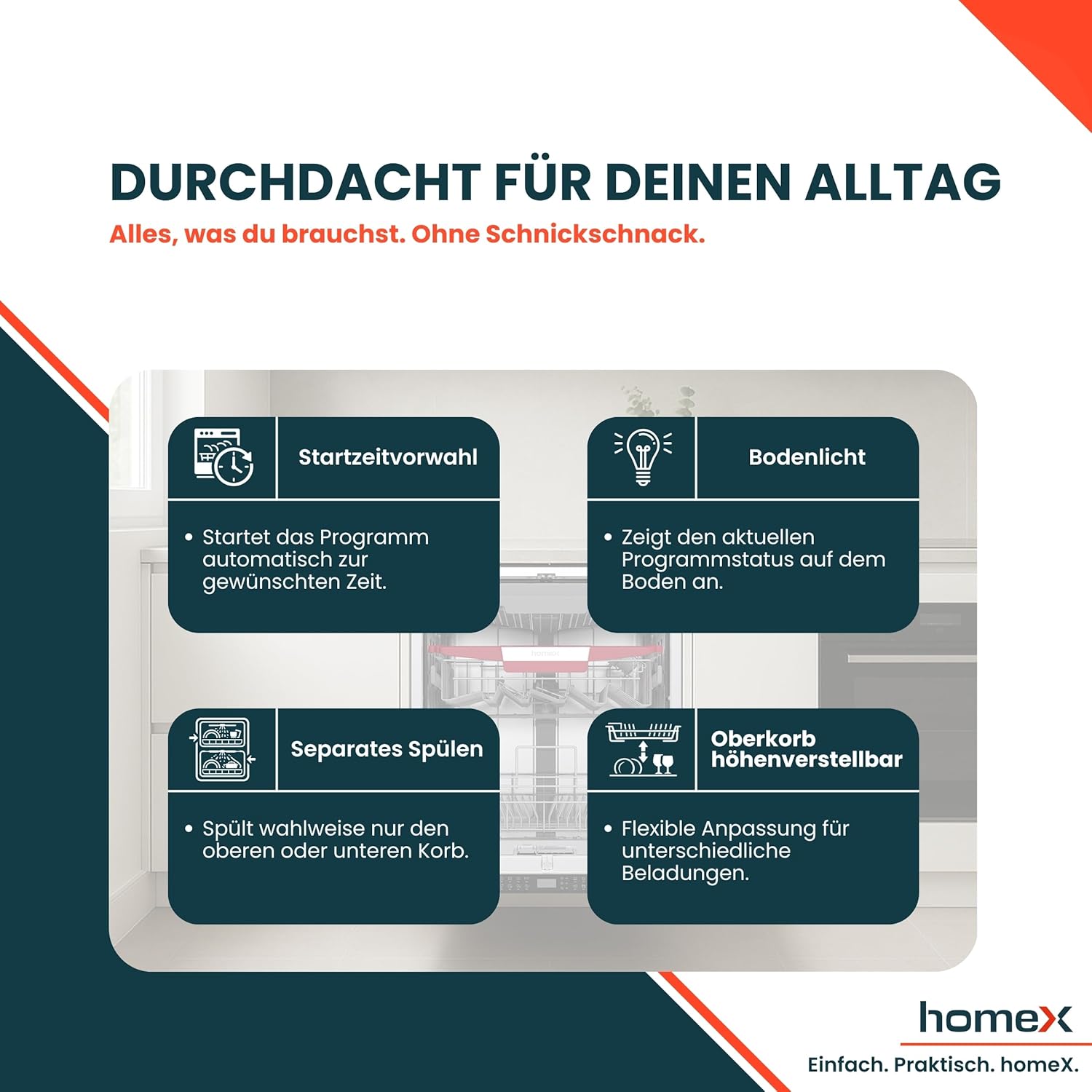 homeX Geschirrspüler 60 cm, Spülmaschine vollintegrierbar - 14 Maßgedecke, 8 Programme, AquaStop, Besteckschublade, 44 dB, Bodenlicht, Automatische Türöffnung, Einbaugeschirrspüler vollintegriert