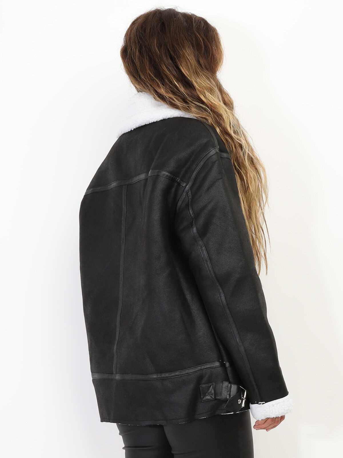 Blouson aviateur en simili moutonné- Noir et Blanc