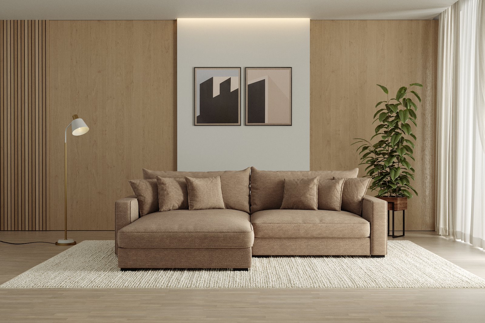Rossi Lux 2-seter med XL sjeselong venstre Tekstil Beatto 1012 Brown, arm B med sorte ben. Lux Komfort.