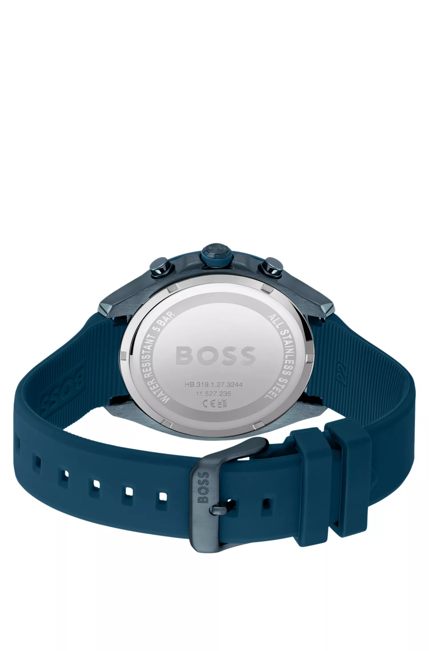 Relógio cronógrafo BOSS com revestimento preto e azul e pulseira de silicone azul.