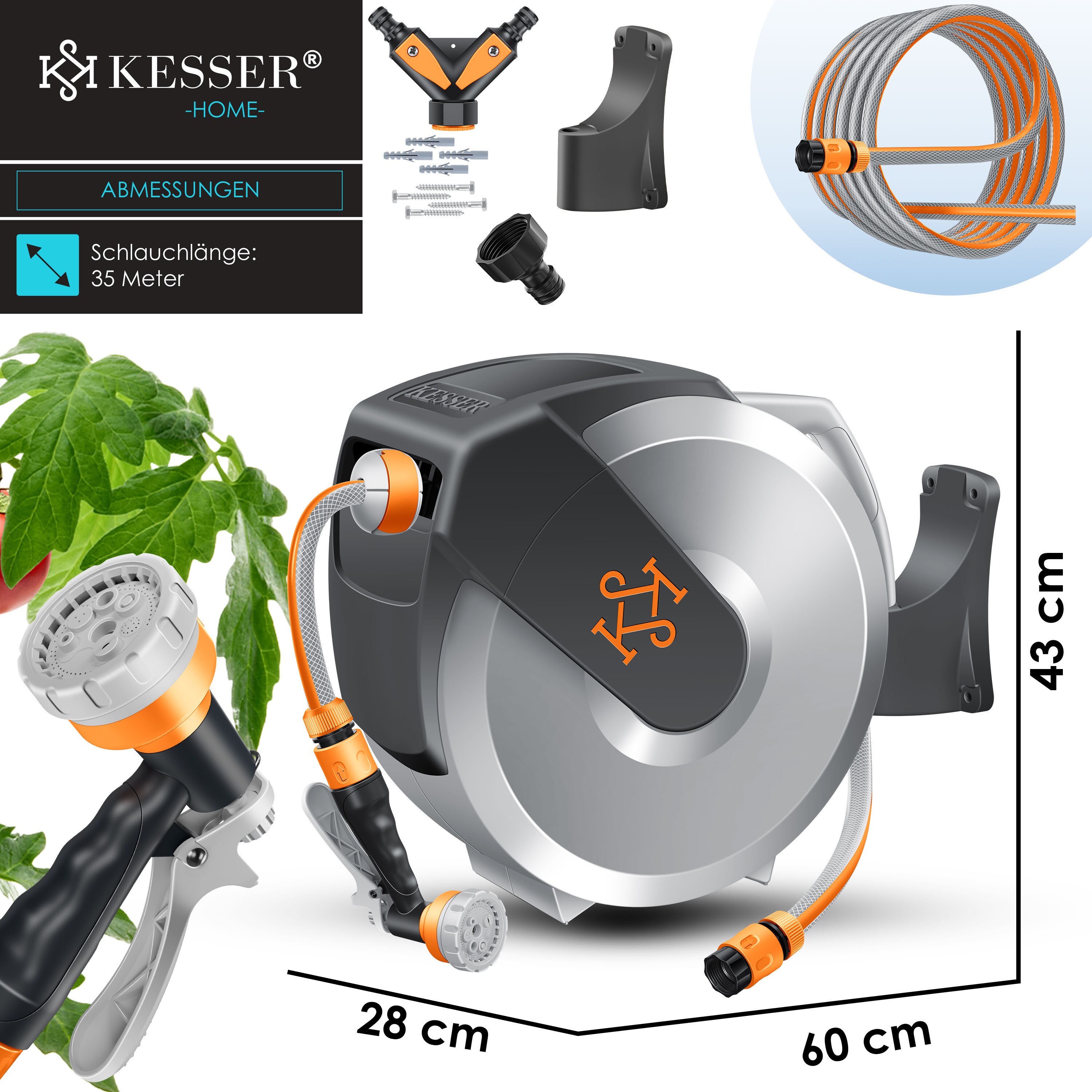 KESSER® Schlauchtrommel mit Gartenschlauch | Wasserschlauchtrommel zur Wandmontage | Wandhalterung | 180° schwenkbar & automatische Aufrollung | Wand-Schlauchbox inkl. 7-Funktionen Handbrause