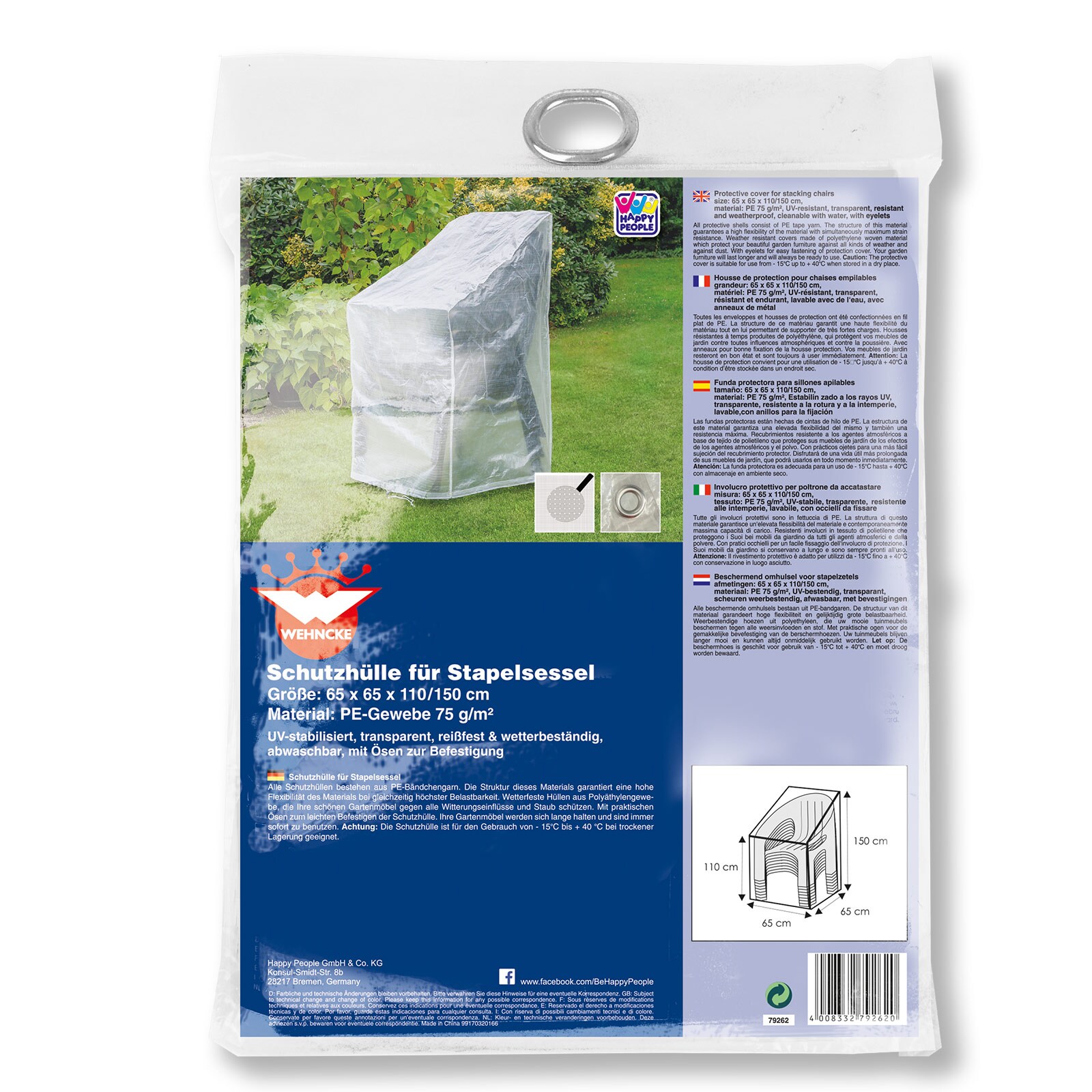 WEHNCKE Gartenmöbel Schutzhülle Hülle Plane Abdeckung Abdeckplane transparent PE Variante: Für 6 Stapel Sessel