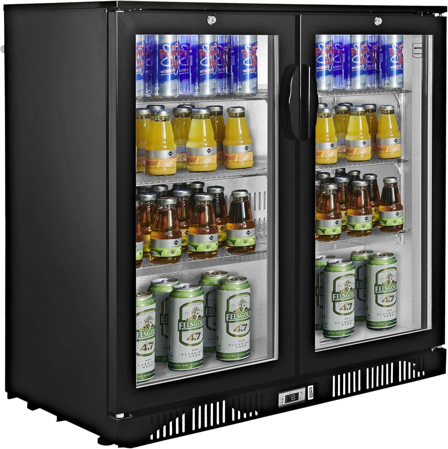 METRO Professional Getränkekühler GBC1002, Getränkekühlschrank mit 2 Glastüren, Flaschenkühlschrank mit 6 Einlegeböden, Energieklasse D, 160W, Temperaturbereich: 0 bis +10°C, 200 L, Schwarz
