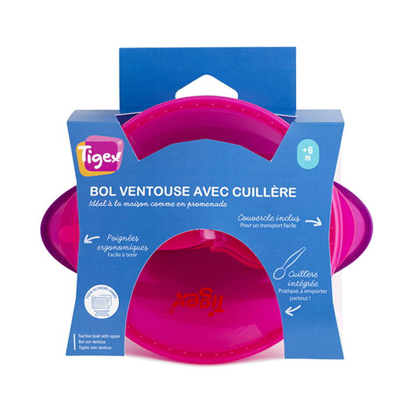 Bol à ventouse avec couvercle + cuillère - Vert ou Rose