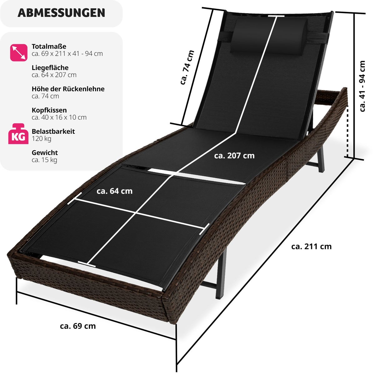 Rotan ligstoel tectake Moana, duurzaam en UV-bestendig, 69 x 211 x 41 - 94 cm