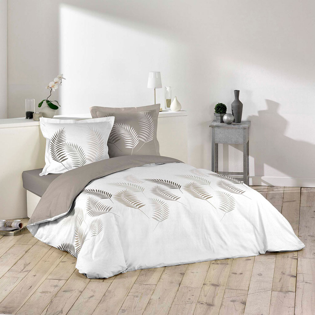 Parure housse de couette 2 personnes coton feuillage taupe et blanc 240x260cm