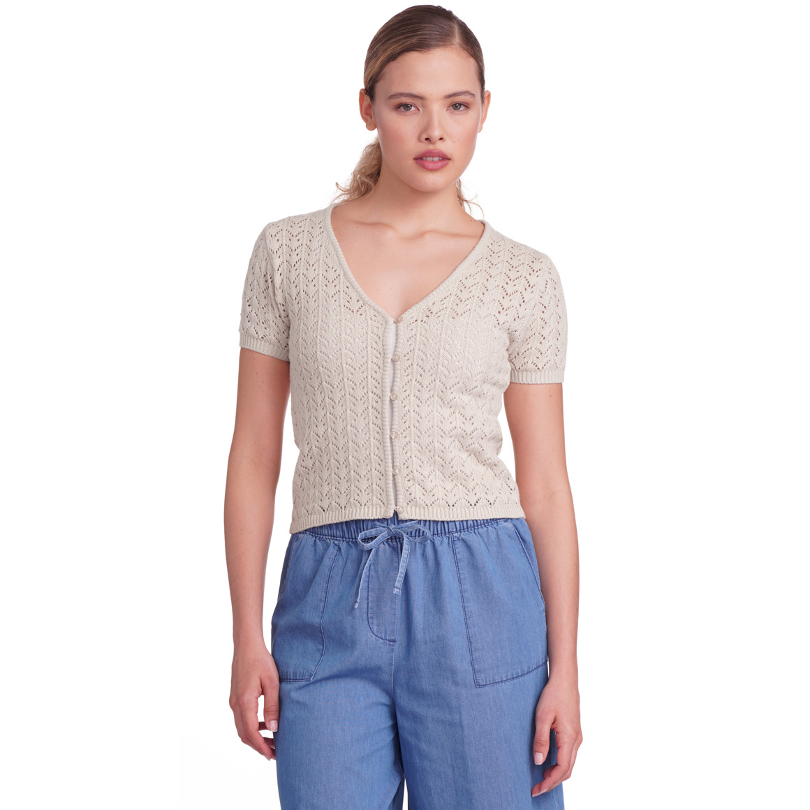 Gina Damen Strickjacke mit Ajour-Muster cremeweiss