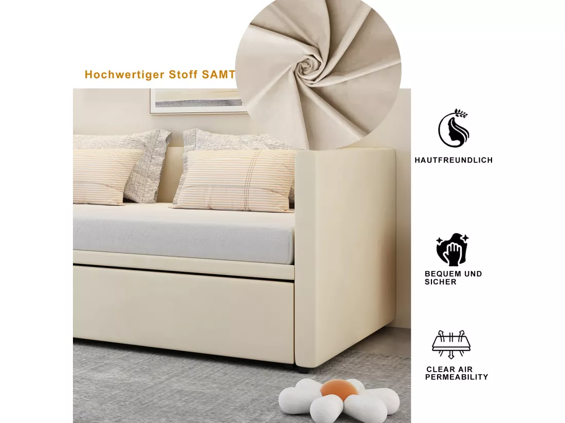 Lit gigogne 90 x 200 cm pour enfant - velours - style contemporain - coloris beige
