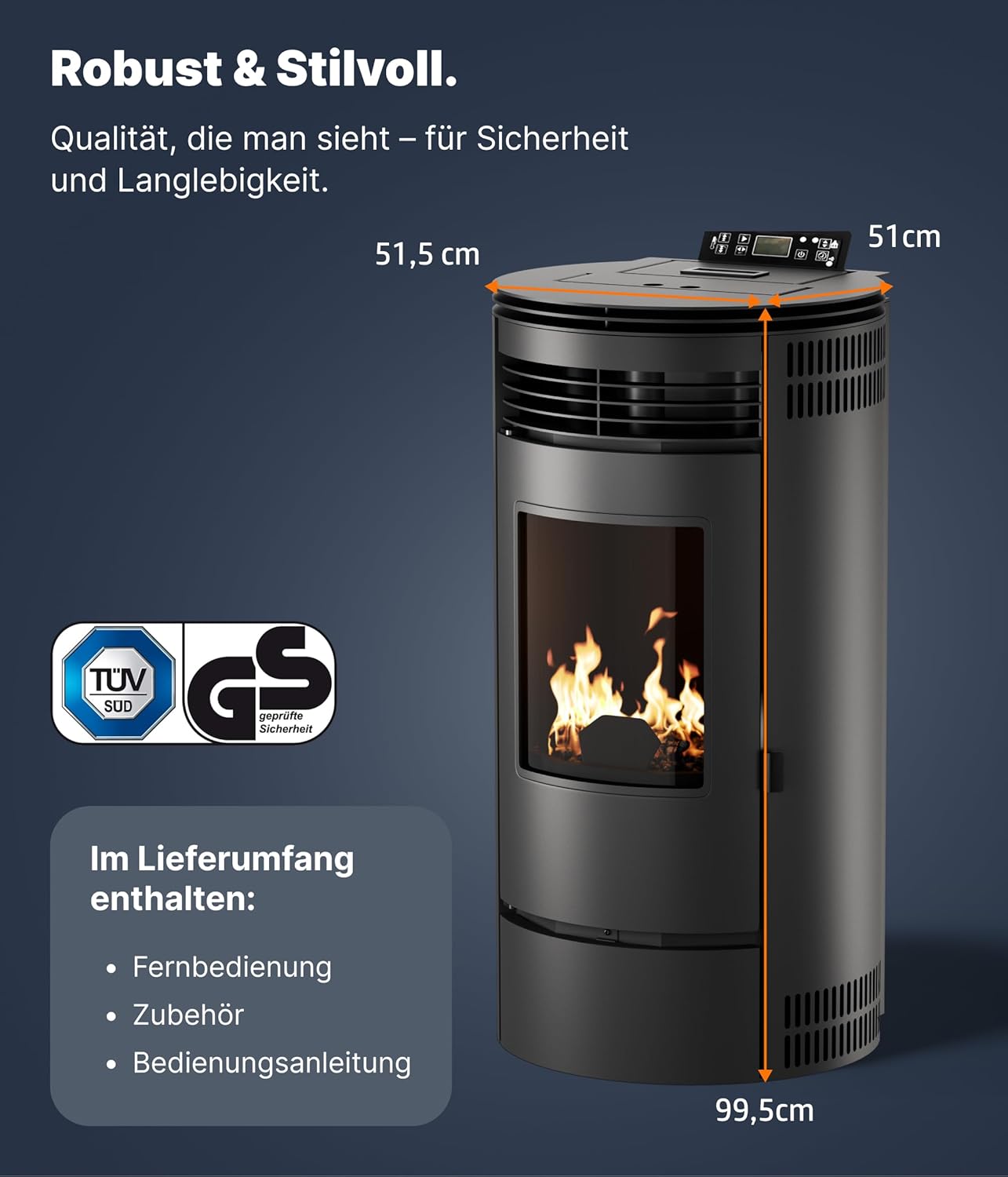 UMBRELLA® PR8 Pelletofen 9kW bis 220m³ – Elektrokamin mit ECO-Modus, Wi-Fi Ready, Wochen-Timer & Überhitzungsthermostat für effizientes Heizen – Schwarz