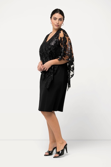 Kleid, Überwurf, Pailletten, V-Ausschnitt, 3/4-Arm