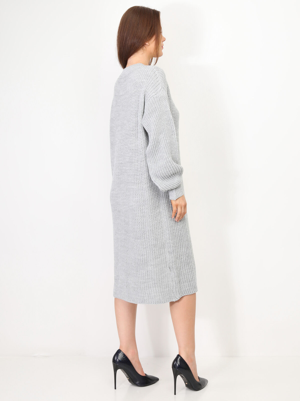 Robe pull mi-longue à manches bouffantes- Gris