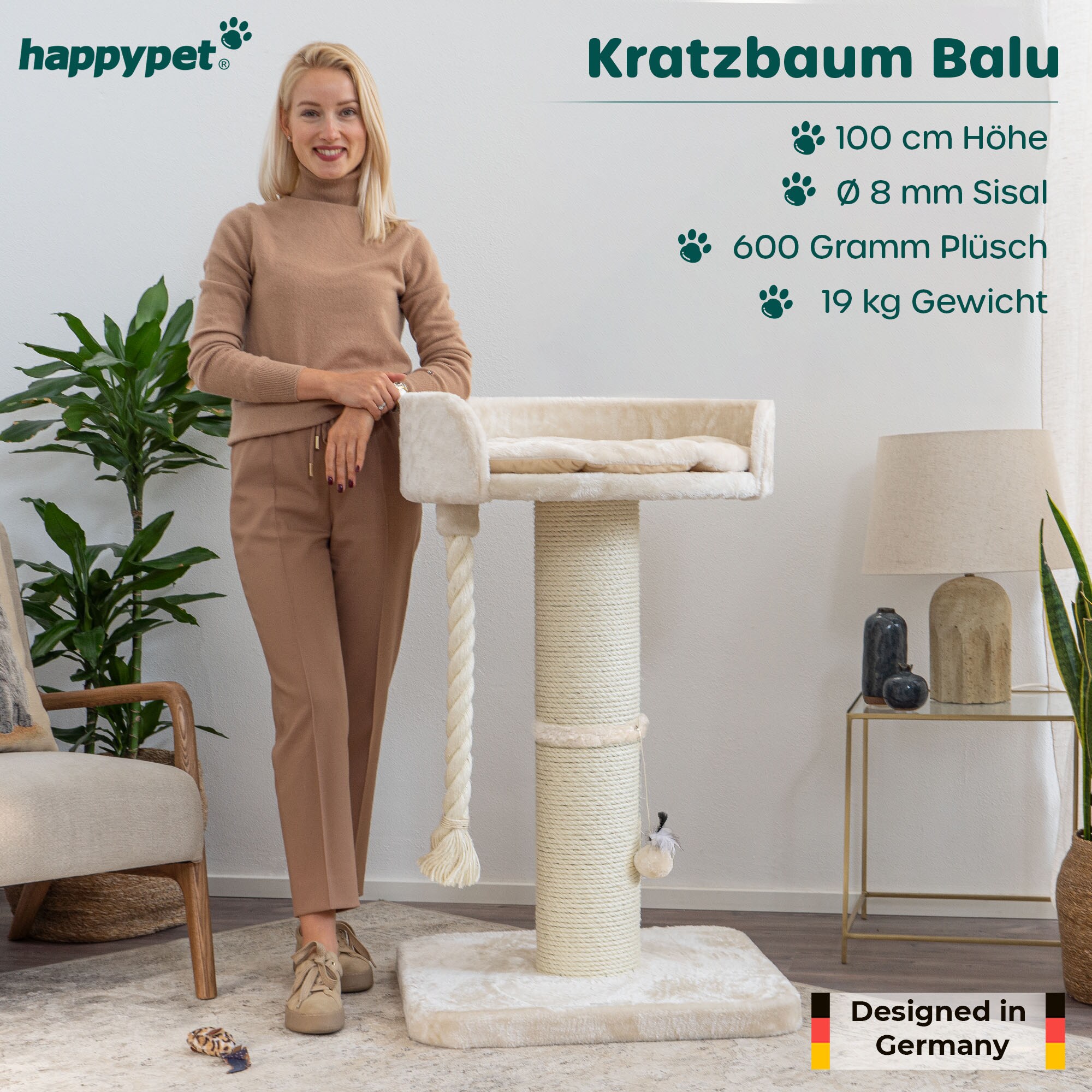 HAPPYPET Premium Kratzbaum Stabil für große Katzen Kletterbaum 100 cm | Creme BASIC