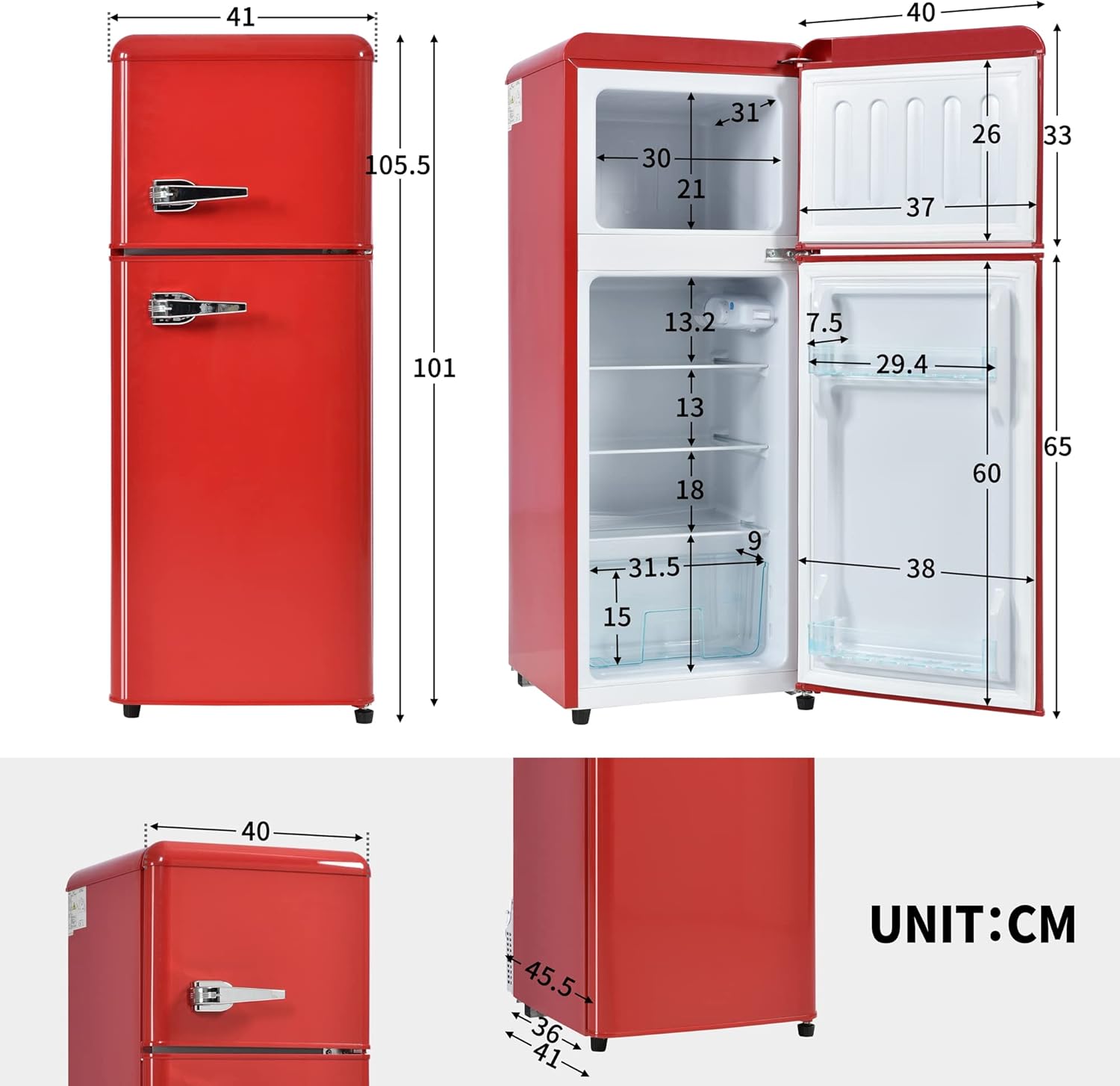 Merax Retro Kühlschrank, 105.5 cm, Kühl-Gefrier-Kombination 92L, 28L Gefrierfach, Doppeltür Design, Energieeffizienzklasse D, 116 kWh/Jahr, 7 Temperaturstufen, LED-Beleuchtung, Kompakt, Rot