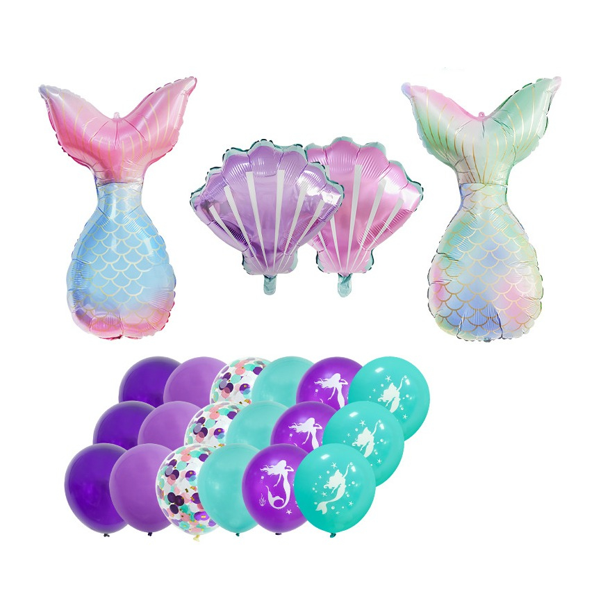 (22-tlg. Set) Kinder Party Ballons Latex- und Folienballons mit Konfetti - Meerjungfrau / Muschel