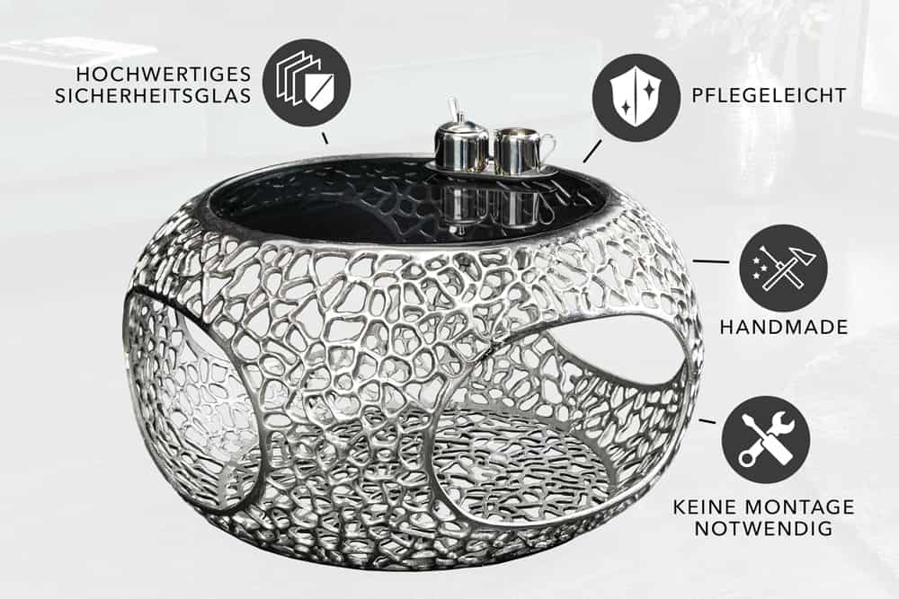 Runder Couchtisch SPIN 75cm silber Schwarzglas Metall mit Stauraum handmade