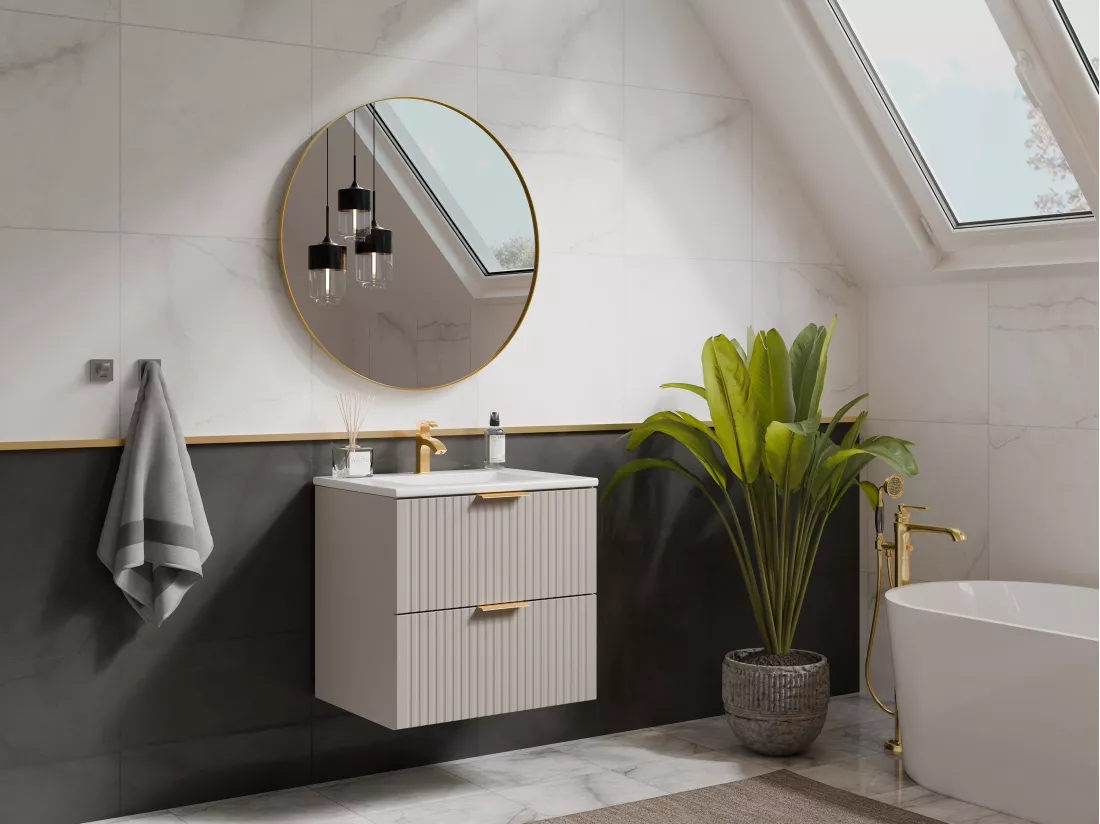 Meuble de salle de bain suspendu strié avec vasque à encastrer - Beige - 60 cm - ZEVARA