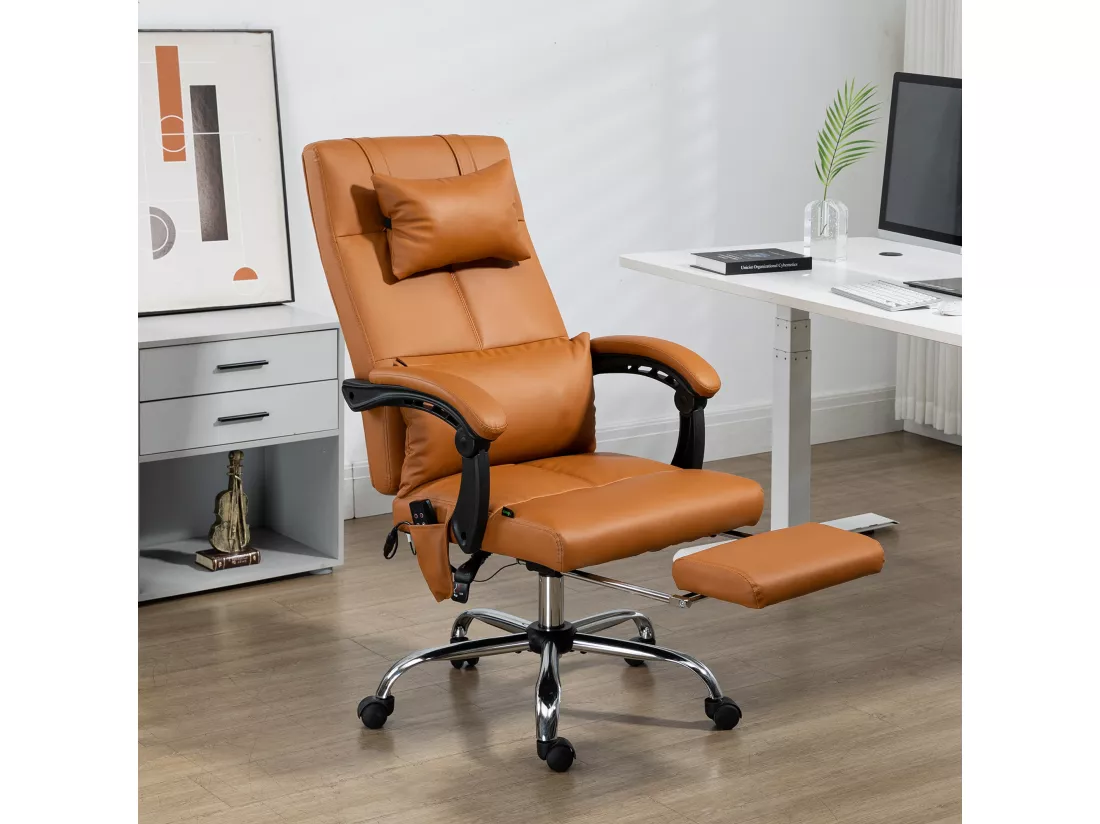 Fauteuil de bureau direction massant hauteur réglable dossier inclinable repose-pied intégré revêtement synthétique camel