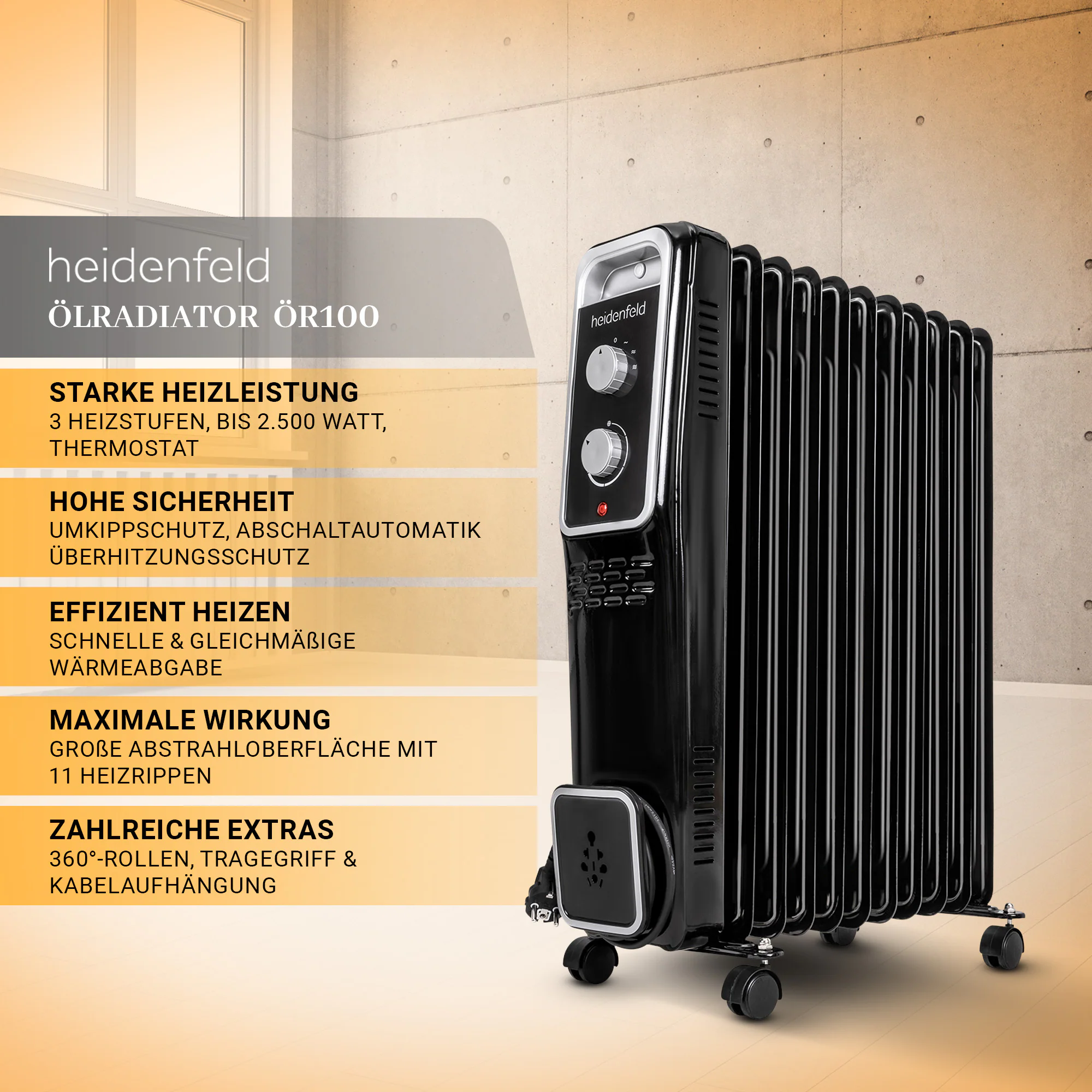 Heidenfeld Ölradiator ÖR100, Thermostat, 1000-2500 Watt, stufenweise Regulierung, 3 Jahre Garantie